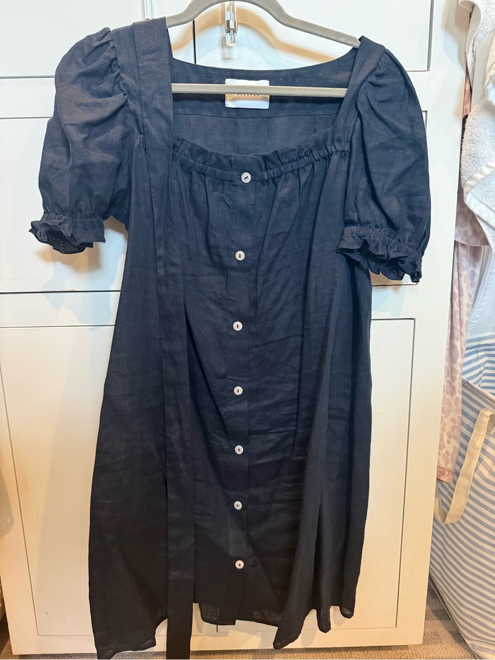 Sleeper Navy Puff-Sleeve Button-Front Dress short